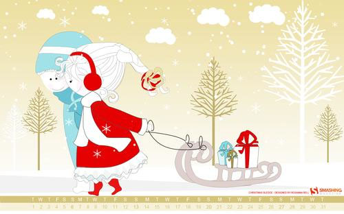fond d'écran Noël enfants luge cadeaux décembre 2009